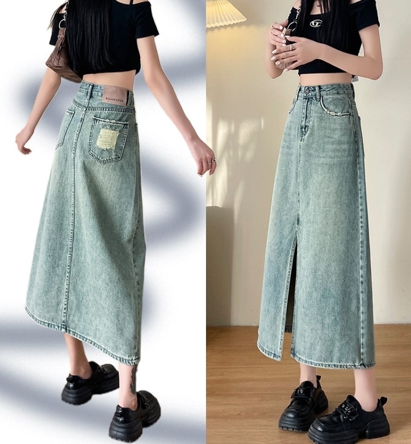 スカート タイトスカート デニムスカート デニムワンピース ロング丈 Aライン スリット ファスナー ポケット ハイウエスト シンプル カジュアル おしゃれ レトロ 春 夏 秋 レディース お出かけ