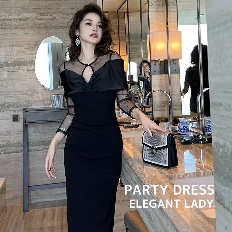 エレガント 新着 高級感 ブラック レディースワンピース フランス風 オフショルダー 着痩せ 上品 きれいめ ミモレ丈ワンピース パーティードレス 宴会 忘年会 お呼ばれ 誕生日 礼服 20代30代4