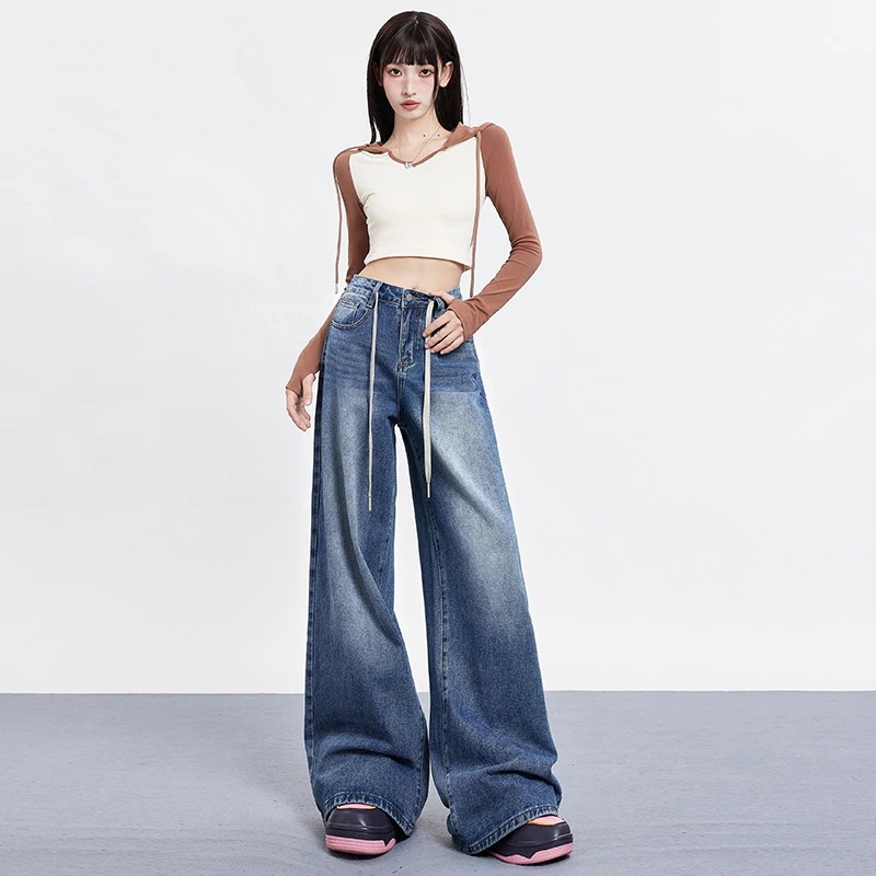 oversize ハイウェスト パンツ ゆったり ワイドパンツ デニムパンツ ドレープ感 ロングパンツ ジーンズ 脚長効果 ラックスパンツ