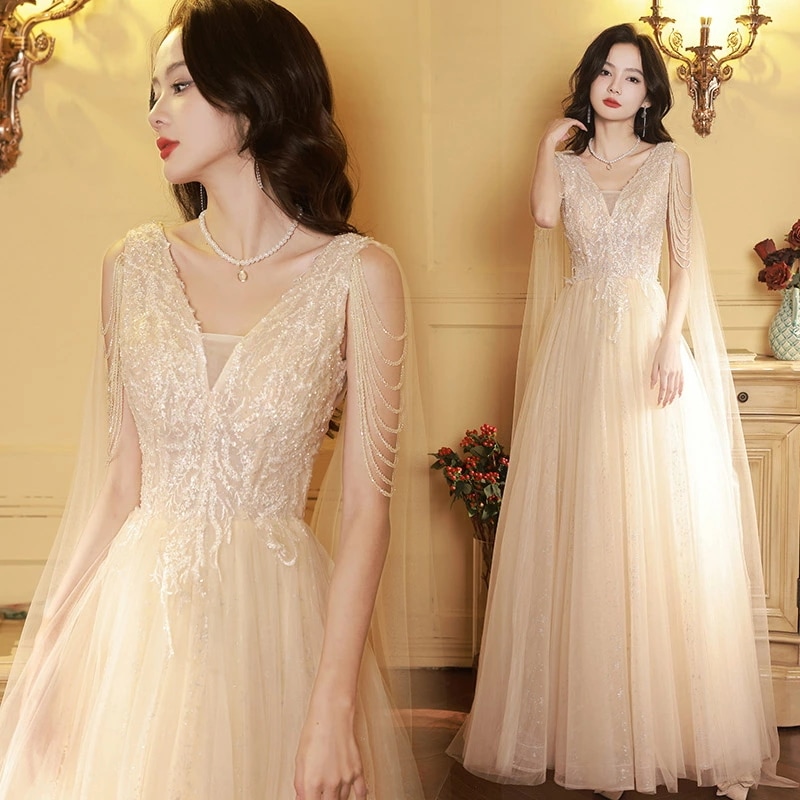 イブニングドレス シャンパン色 発表会ドレス ロングドレス ビーズ フリンジ キラキラ キレイめ 結婚式ドレス 二次会ドレス パーティードレス チュール ドレス ロング Aライン Vネック S M L