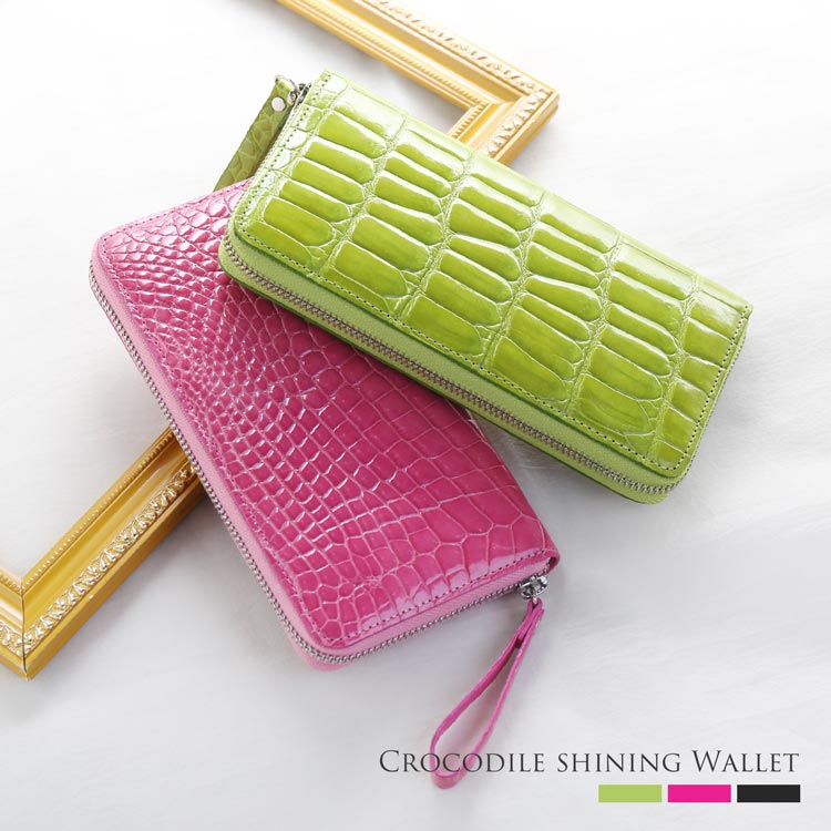 クロコダイル 長財布 シャイニング 加工 ラウンドファスナー レディース 本革 レザー 鰐 わに ワニ革 女性 贈り物 エレガント 上品 【各色1点限り】 母の日 ギフト プレゼント 4FA (610