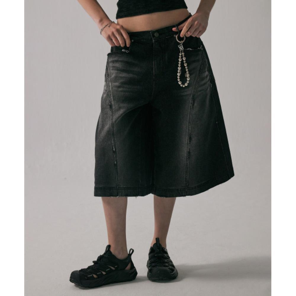 TREEMINGBIRD Ripped Bermuda Denim Pants Black TMB242PT