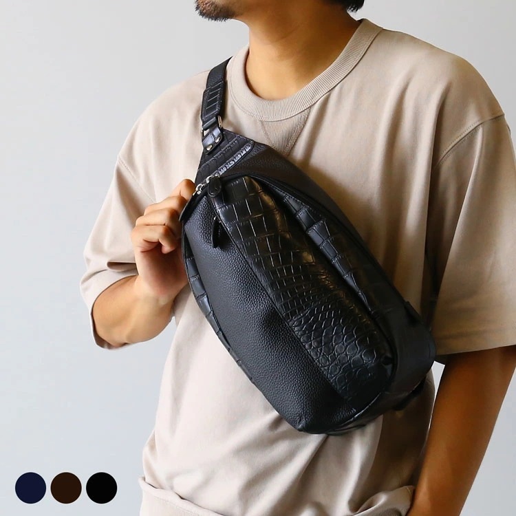 クロコダイル ボディバッグ マット加工 牛革 型押し ユニセックス ショルダーバッグ 肩掛け メンズ ワニ革 本革 小さめ お出掛け 父 男性 ギフト プレゼント (06001832-mens-1r)