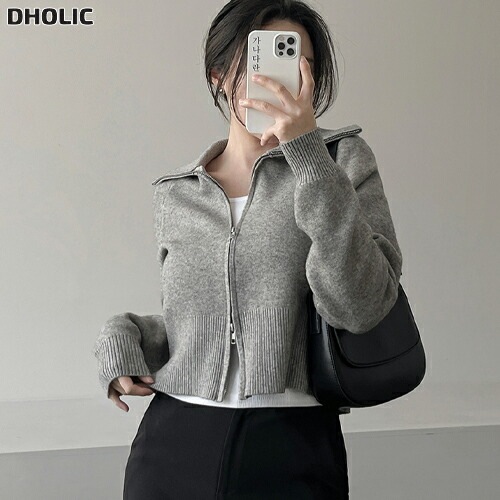 ニットソフトセミクロップド長袖ジップアップカラーカーディガン・1954414