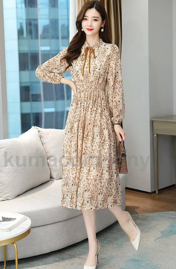 ボウタイ 花柄 ワンピース 長袖 ミモレ丈 春夏 リボン 大きいサイズ 3L 4L 春 秋 Aライン フレア パフスリーブ きれいめ カジュアル 上品 大人可愛い お呼ばれ 20代 30代 40代