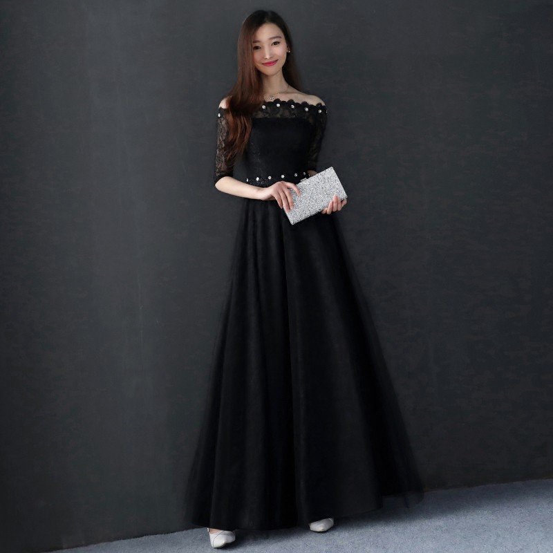 カラードレス 演奏会 黒 パーティードレス 袖あり ロングドレス 結婚式 フォーマル 二次会 イブニ