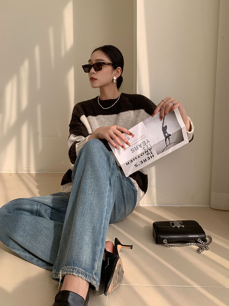 レディース ファッション ストライプ セーター 女性 秋 冬 スタイル オール マッチ ラウンド ネック プルオーバー ニット トップ ブラウン ＳＭＬXL トップス かわいい 大人可愛い きれいめ