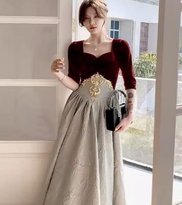 ワンピース デート モテアイテム ドレス ロング丈 ウエストデザイン 七分袖 フレア 大人可愛い きれいめ 上品 おしゃれ かっこいい 大人可愛い ラブリー キュート ガーリー クール モード系
