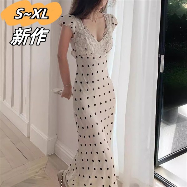 Vネック 新作 春ワンピース ロング丈 夏 パーティードレス 痩せ見え ドット柄 ワンピース ウエストを引き締め ロングスカート
