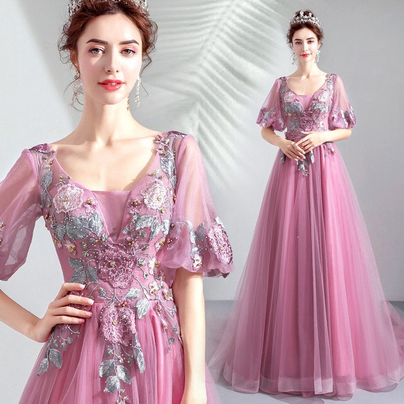 ロングドレス 袖あり カラードレス 演奏会 パーティードレス 結婚式 ピアノ 発表会 イブニングドレ