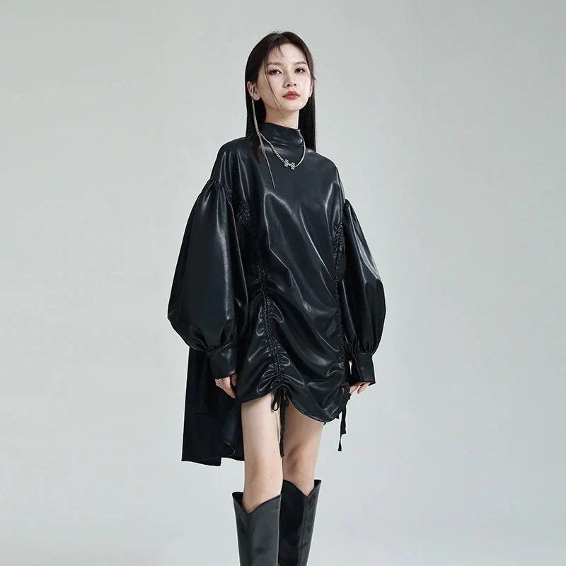 【J.Fashion】 レザー ワンピース マント風 体型カバー チュニック 巾着 ワンピース レディース おしゃれ 関連商品は店で購入可能 メガ割30%までに制限