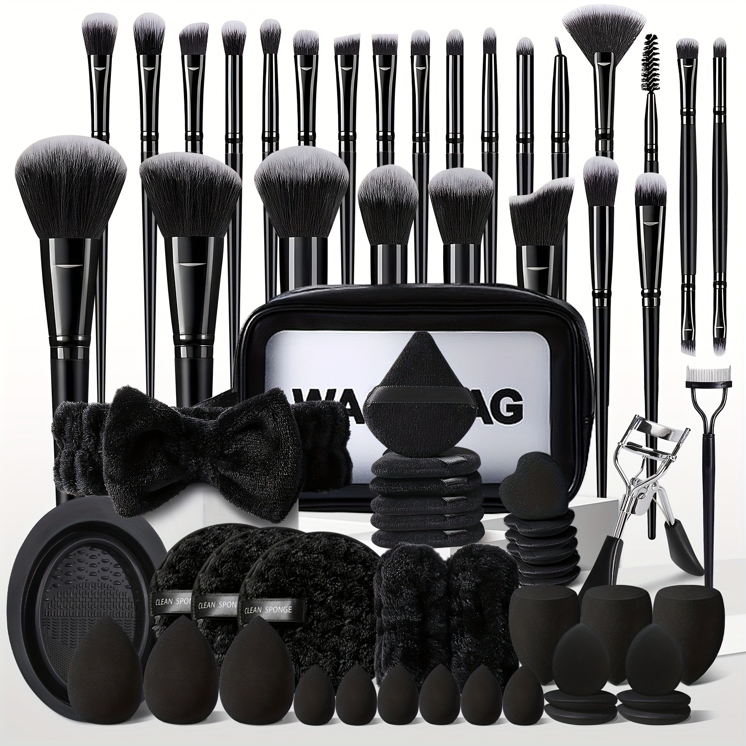 65pcs Black Makeup Brush Tool Set Includes 25pcs Black Makeup Brush Set, Large Makeup Sponge and Min