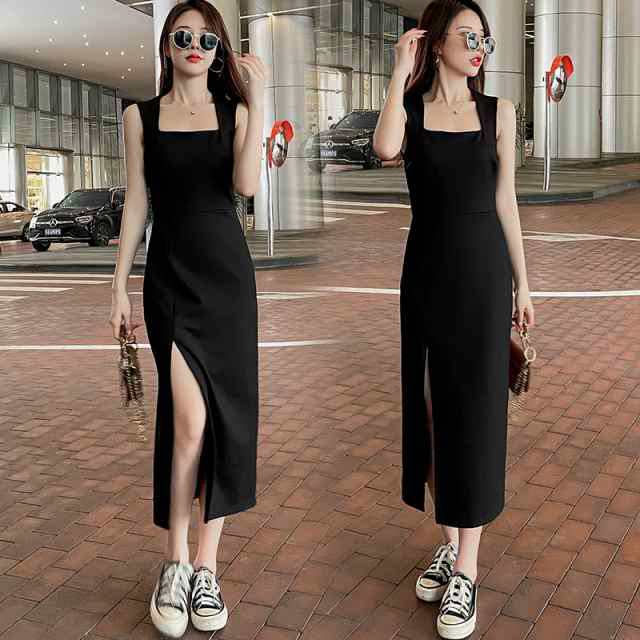 【急速出荷!】ノースリーブワンピース個性ロングスリットハイウエスト切り替えかわいい大人可愛いきれいめ上品シンプルカジュア