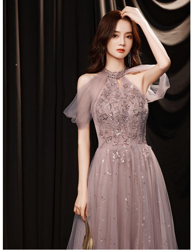 イブニングドレス ホルターネック オフショルダー セクシー 可愛い パーティードレス ロングドレス パープル カーキ スパンコール キラキラドレス 発表会ドレス 演奏会ドレス Aライン 20代 30代