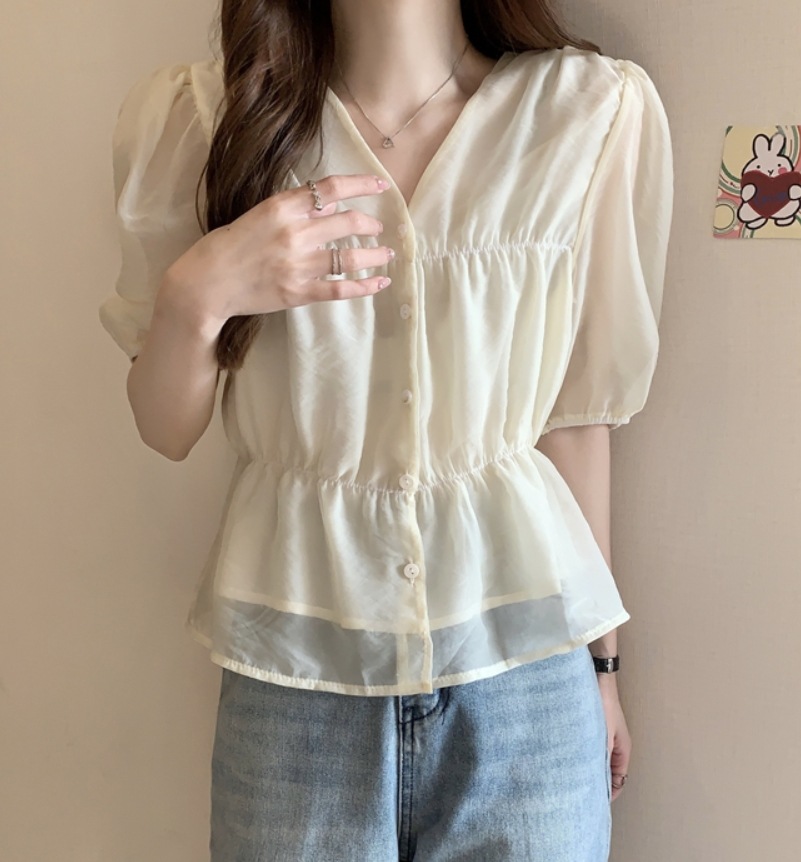 トップス デート モテアイテム ブラウス パフスリーブ シフォン フリル 透け感 シースルー 可愛い きれいめ 上品 おしゃれ かっこいい 可愛い ラブリー キュート ガーリー クール