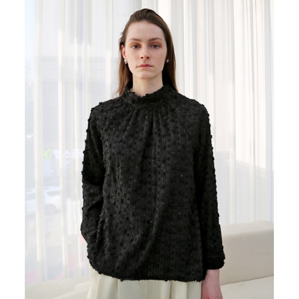 DAMAGE MNEMONICタートルネックグリッターブラックブラウス_Turtleneck Glitter Black BL