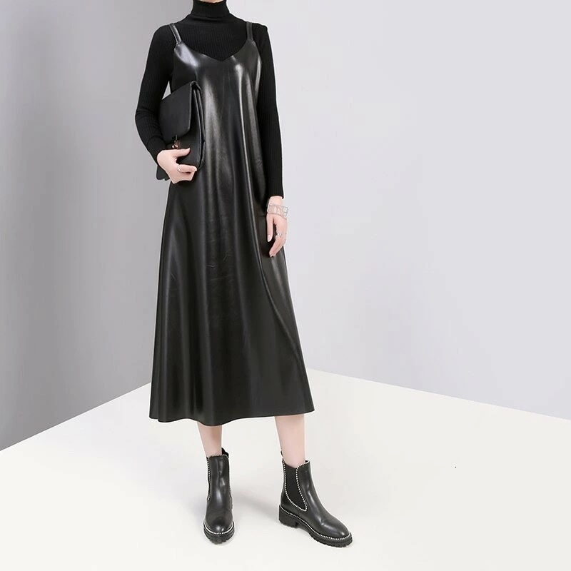大人気 上品 フェイクレザー キャミソールワンピース　ノースリーブ　ルーズフィット lhb052
