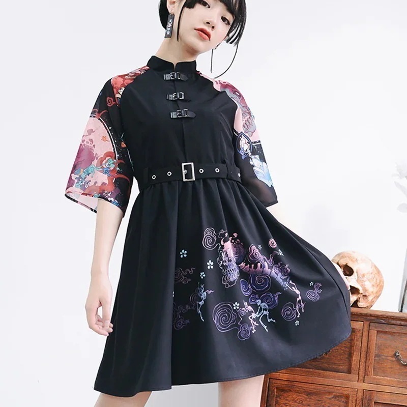 【急速出荷!】チャイナ風ワンピース 五分袖ワンピース 和風プリント 半袖 暗黒系 ショート丈 ベルト付き