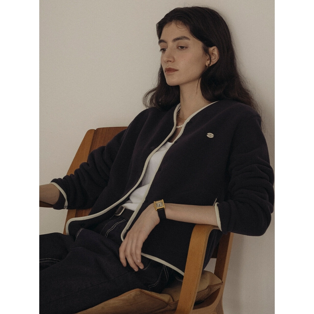 TILLIDIE ソフィアノーカラーフリースジャケットダークネイビー