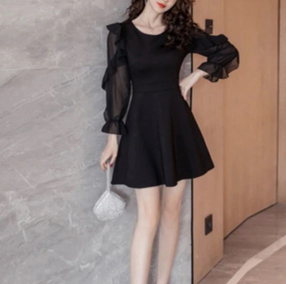 ワンピース デート かわいい 大人可愛い きれいめ シンプル カジュアル 大人 上品 おしゃれ ラウンドネック フリル ミニ丈 Aライン シアー 透け感 春夏 イベント パーティー ブラック 2XL