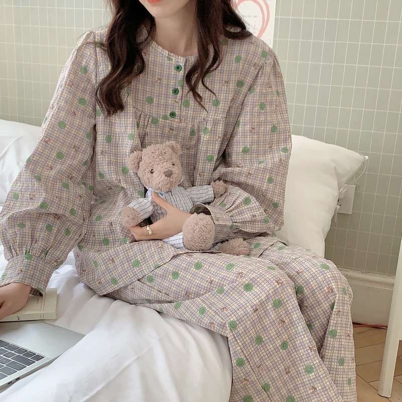 韓国版5春ネグリジェレディースチェック柄スマイリーゆったり大きいサイズカジュアル長袖ズボンホームウェアスーツ
