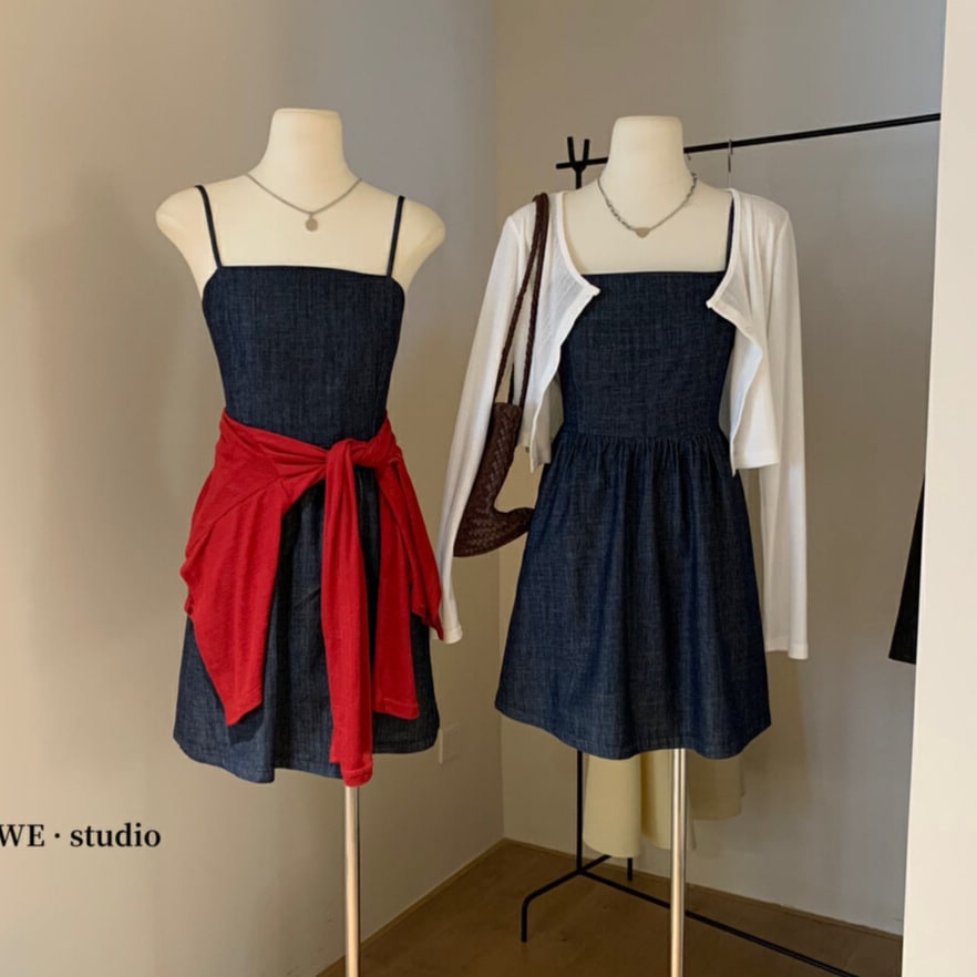 Wgwe汎用性ニットカーディガンショール +デニムサスペンダードレスショートスカート2ピースセットレディース早春スーツw3346