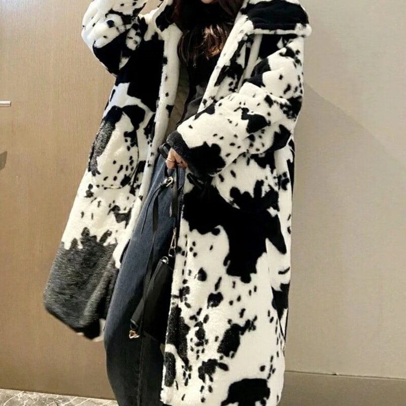 新色入荷アウターファーコートロング丈 アウター 保温 乳牛柄 ジャケット 厚手 秋 冬 毛皮コート ゆったり トップス