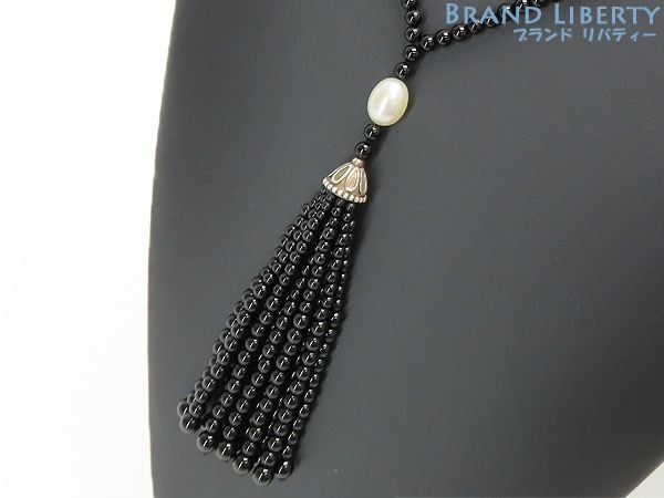 新品同様ティファニージーグフェルドコレクションオニキスパールタッセルシルバーロングネックレスペンダントブラック