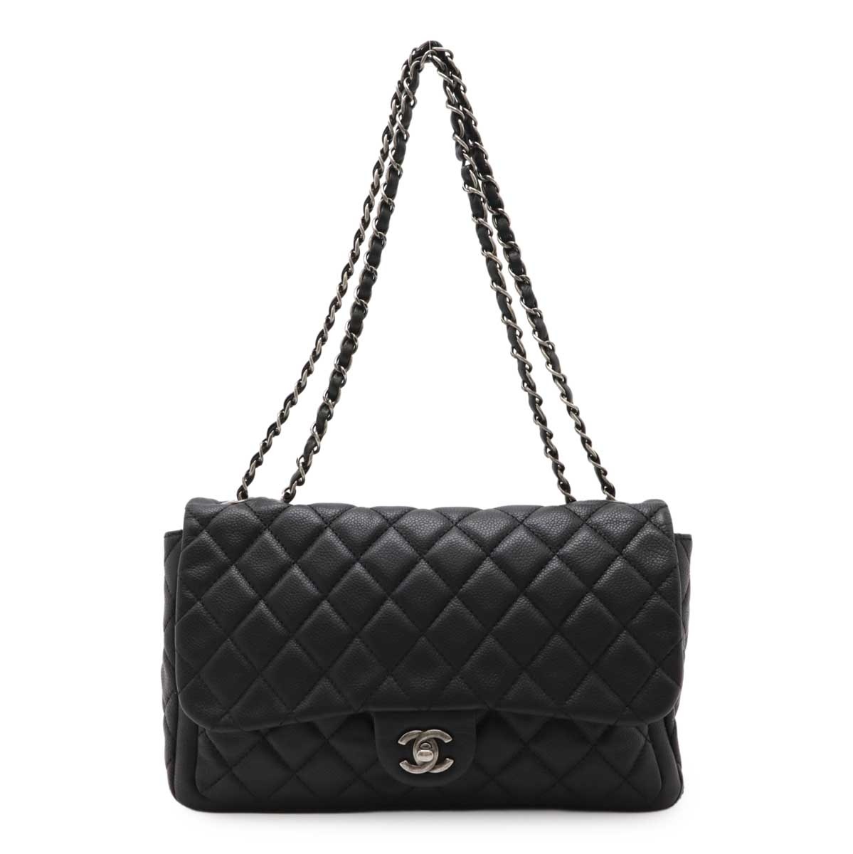 マトラッセ ココマーク Wチェーンショルダーバッグ セミショルダー ソフトキャビアスキン レザー ブラック 黒　A9400