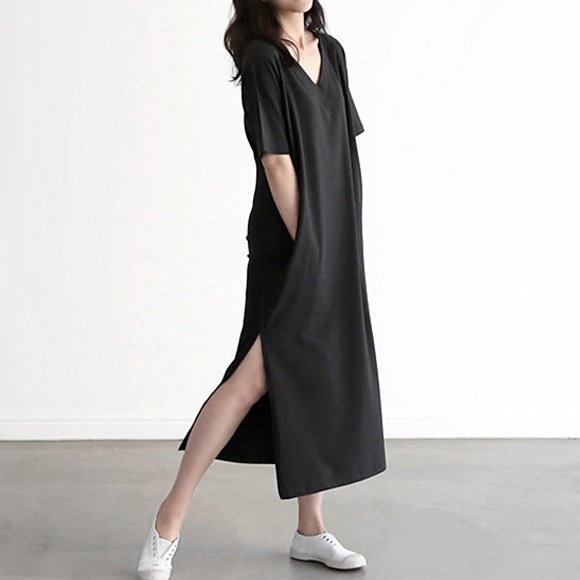 アイスシルクパジャマ サイドスリット レディース 夏 コットン ロングTシャツ ホームウェア デイリー スリープウェア Vネック 半袖 ゆったり ミドルロング丈 シンプル 無地 動きやすい