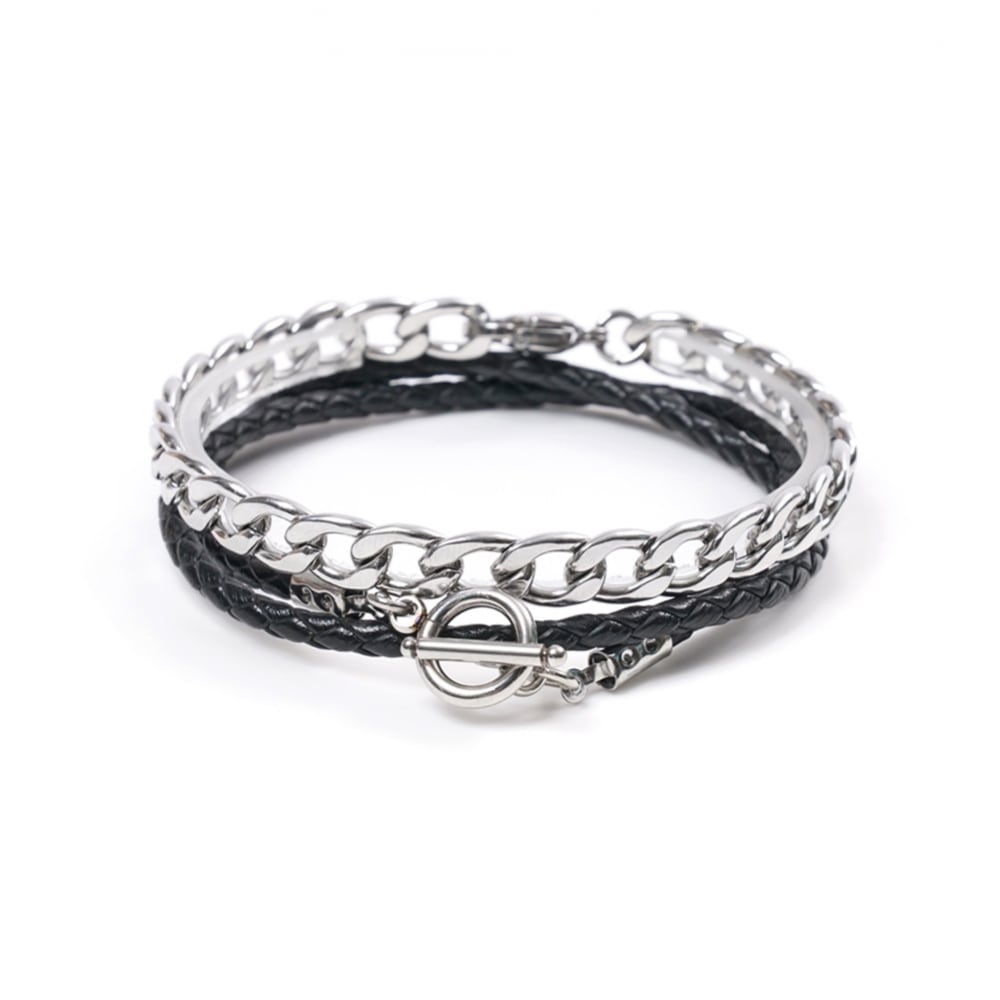 JBANS クラシックラウンドサージカルスチール 218 レイヤード480 レザーブレスレットセット (C2101-SE155_BK)