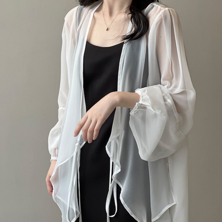レディース シャツ カーディガン 上着 日焼け防止 羽織 前開き 長袖 襟なし ワイド シフォン リボン 透け感 かわいい 大人可愛い きれいめ シンプル カジュアル 上品 おしゃれ レトロ こなれ感