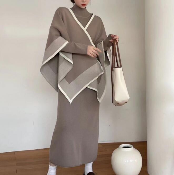 ニットセットアップ　セーターポンチョ　ニットワンピース　ロングワンピース　トップス ニット　体型カバー 着痩せ　　レディース 秋 冬　ハイネック　ニットポンチョ　アウター　マント