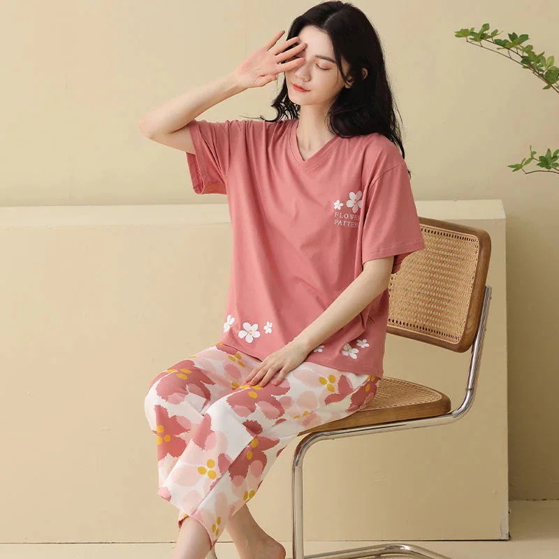 二点セット フラワー カジュアル セット 24人気商品 セット 質感 カートゥーン 綿 コントラストカラー 7分丈パンツ ゆったり パジャマ ホームウェア 半袖 アップ 快適 ウェア