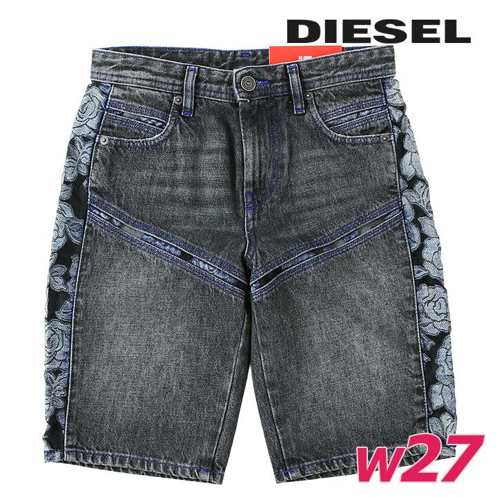 デニムショートパンツ ハーフパンツ レディース DE-GINNY-FSB1 ヴィンテージウォッシュ加工 ボタニカル柄レース切替 die-l-p-g4-471