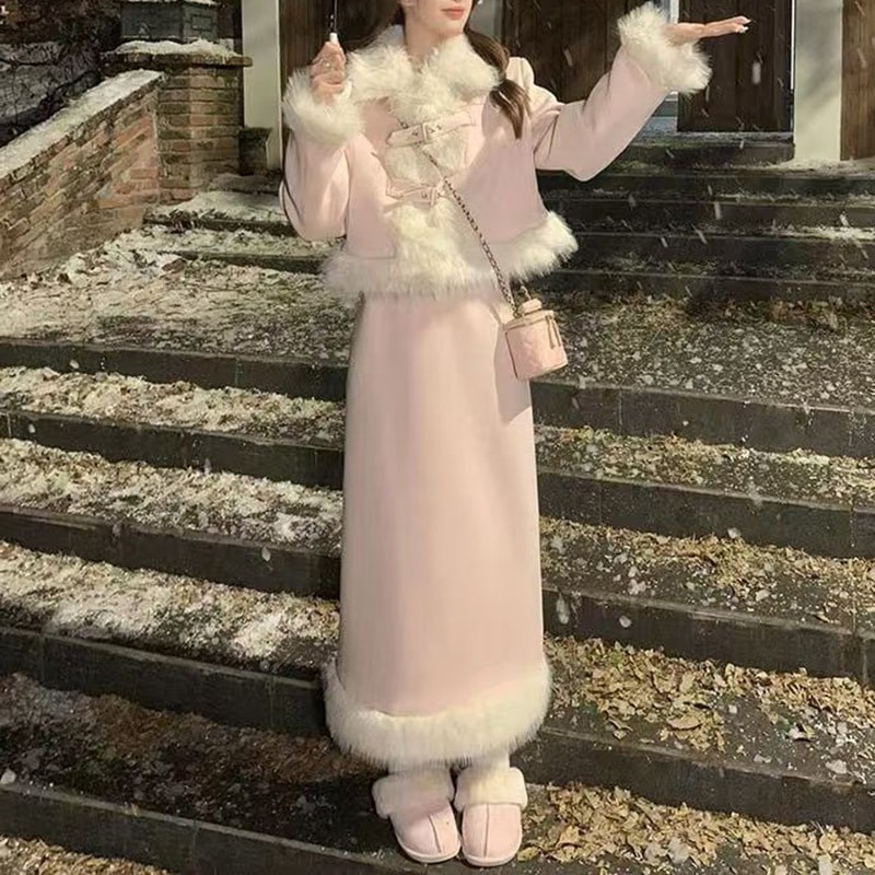 秋冬にぴったりな豪華なラペルの長袖コートとハイウエストスカートが特徴のエレガントで洗練されたレディース ツーピース セットです