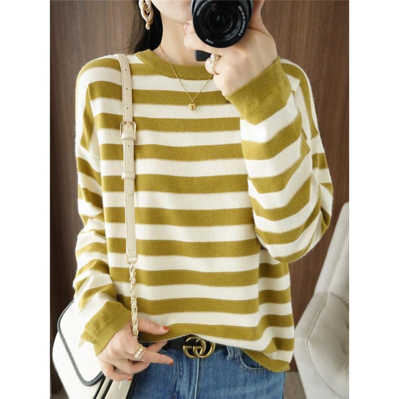 ニットセーター レディース カットソー カシミヤタッチ 長袖 プルオーバー ストライプ柄 ボーダー ライトニット ニットウェア トップス 秋冬