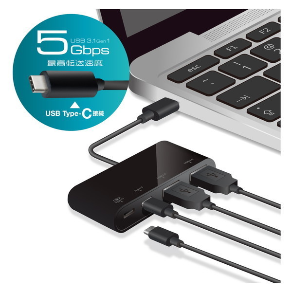 U3HC-A423P5BK USBHUB USB3.1(Gen1) PD対応 Type-Cコネクタ Aメス2ポート Cメス2ポート バスパワー ブラック メーカー直送