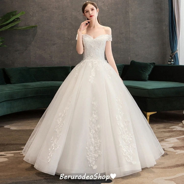 ウェディングドレス オフショルダー 花柄 オシャレ 結婚式ドレス 二次会ドレス ブライダルドレス チュール Aライン 花嫁ドレス ウェディング ロングドレス 海外挙式 白 ホワイトドレス 袖あり S
