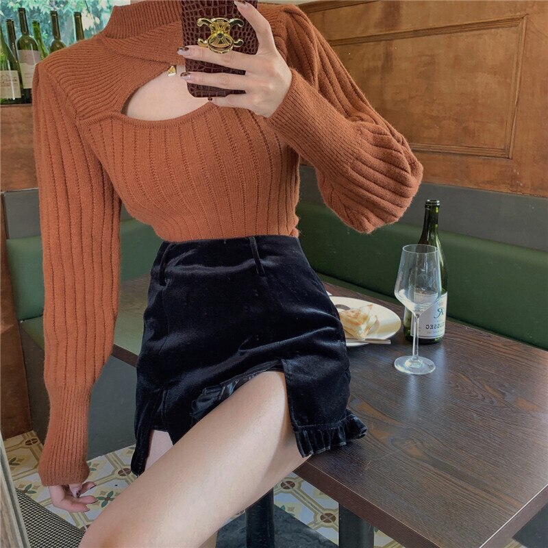 ２色 トップス ニット レディース 秋冬 きれいめ 長袖 ボリューム袖 萌袖 ハイネック 切り替えデザイン ホワイト ブラウン S M L XL 大きいサイズ かわいい 大人可愛い シンプル おしゃれ