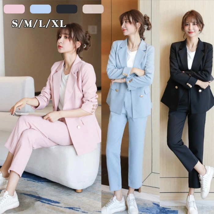 スーツ レディース セットアップ フォーマル パンツスーツ 大きいサイズ 入学式 卒業式 ジャケット パンツ ロング 黒 ブラック 長袖 無地 シンプル ビジネス オフィス 通勤 ママスーツ 入園式