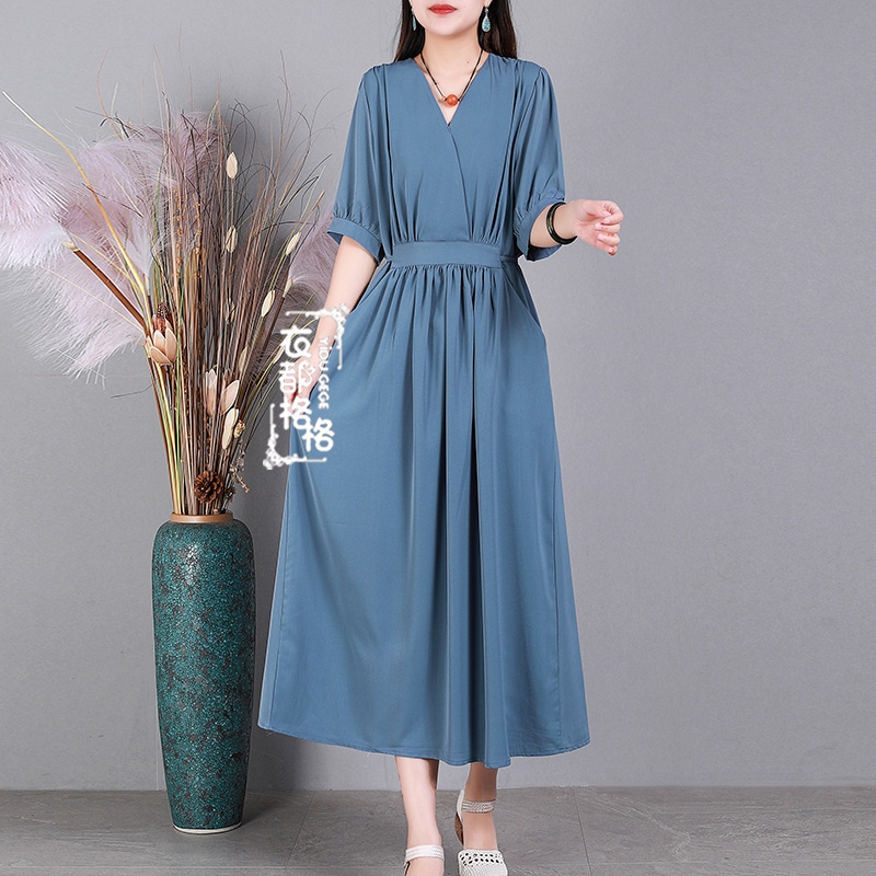 ワンピース ドレス ウエストリボン スタイルアップ カジュアル ロング丈 袖あり 半袖 襟なし Vネック ウエストマーク フリル かわいい 大人可愛い 大人女子 クール きれいめ シンプル 大人