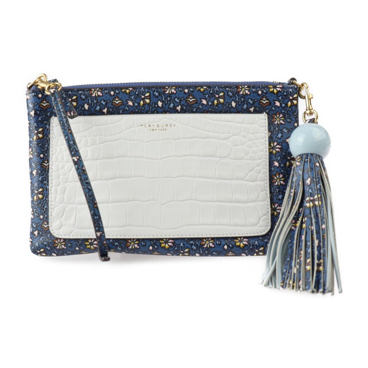 超美品 Tory Burch トリーバーチ ショルダーバッグ - カラーブロック タッセル クロスボディ レザー BLUE WILD PANSY ブルー系マルチカラー ゴールド金具 2WAY クラッチ