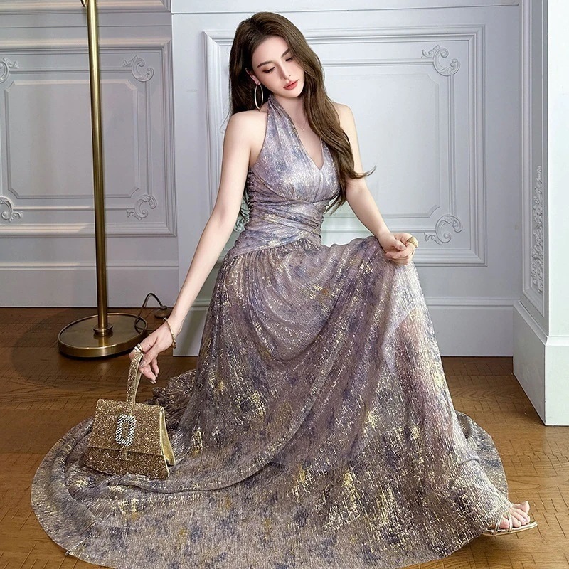 2025夏新品 ホルダーネック ロングワンピース バックレス 旅行風ドレス パーティードレス着痩せ 大人 同窓会 披露宴 卒業式 結婚式 演奏会 ウェディング 二次会