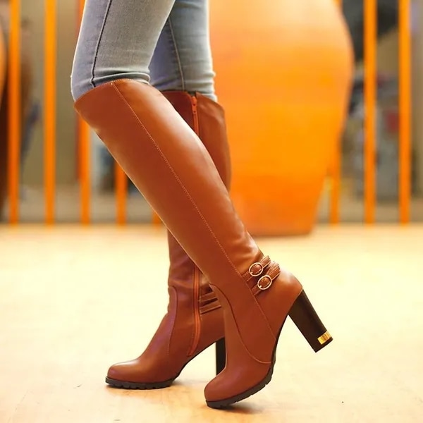 Women Winter Warm Knee High Soft Leather Side Zippers Thick Heel Tall Boots