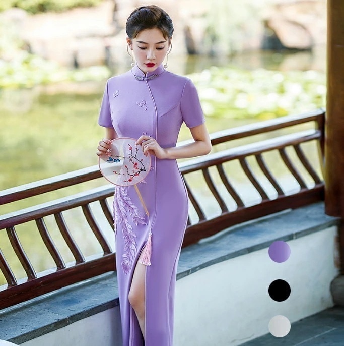 【本日限定】細身 チャイナドレス ロング丈 半袖ドレス マキシ丈 チャイナ服 パーティードレス 鳳凰刺繍 中華風 ドレス 発表会 謝恩会 花嫁 中華風ドレス お呼ばれ 中華服 3色