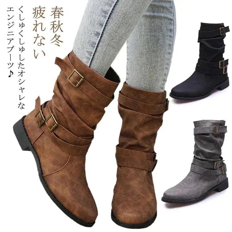 【3日出荷 最安値挑戦!】エンジニアブーツ レディース ショートミドル ベルト付き ローヒール ぺたんこ 大きいサイズ ヴィンテージ 疲れない