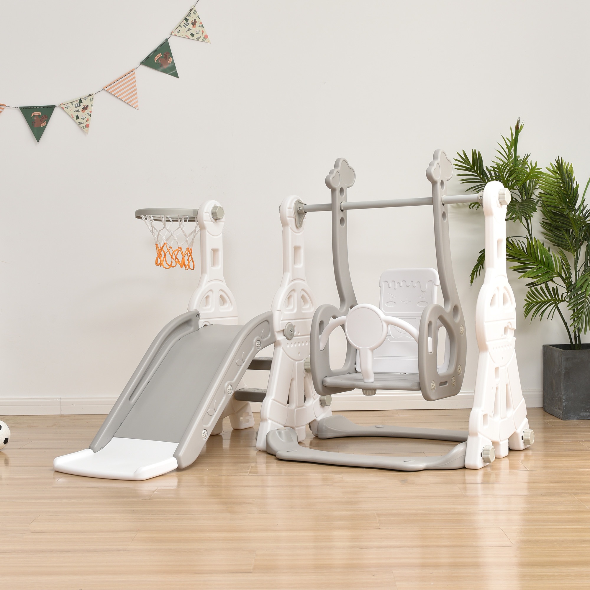 滑り台 すべり台 幼児用滑り台とブランコセット バスケットゴール ブランコ三段階調整可 遊具 室内遊具 屋内 家庭用 大型遊具 プレゼント 耐荷重40kg 1~5歳GG6017 White HDPEG