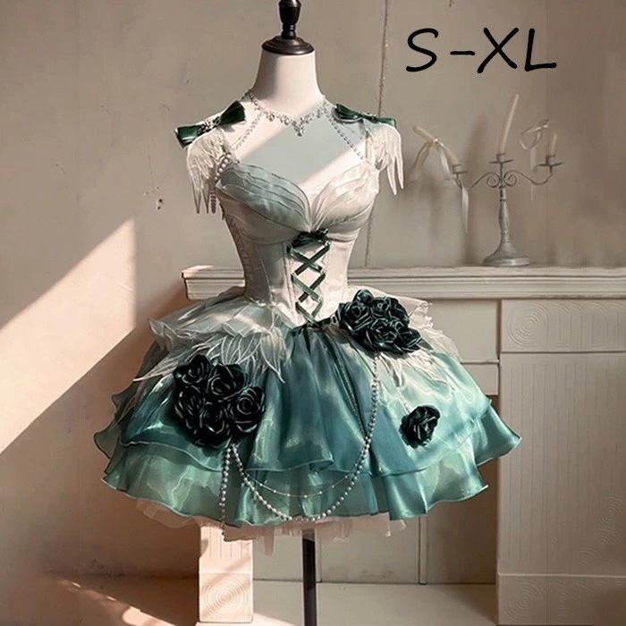 【品質良い 大好評中】ワンピース ロリータ Lolita アンバーグリーン パフスカート S M L XL おしゃれ コスプレ お嬢様 パーティー プレゼント イブニングドレス レディース コスチュー