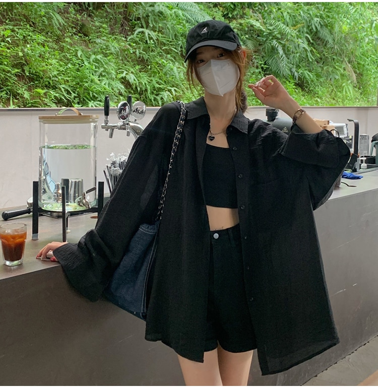 トップス シャツ ブラウス 袖あり 長袖 襟付き ワイド 透け感 シースルー きれいめ シンプル